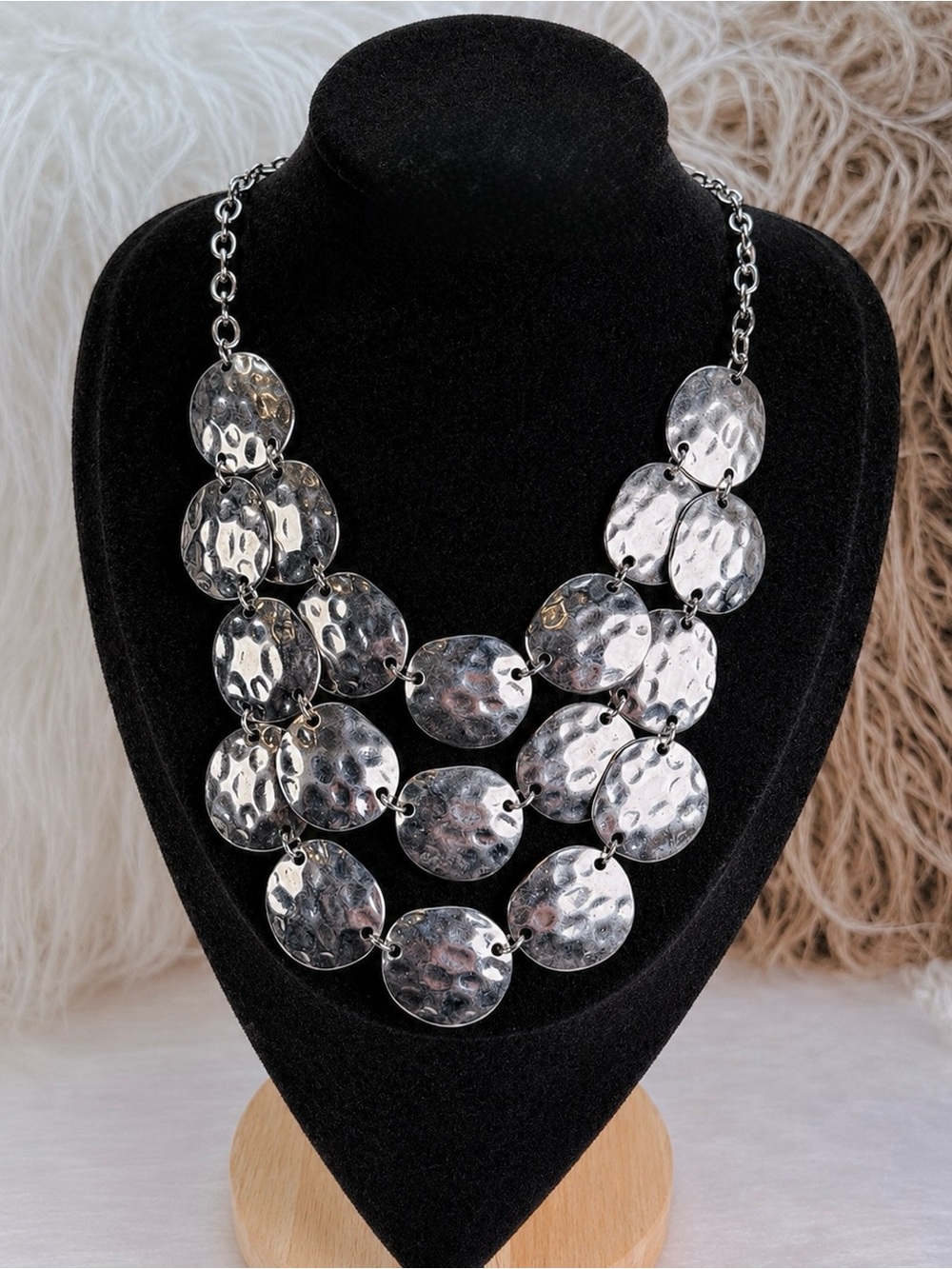 Hammered Silvertone Disc Bib Statement Necklace Multi Strand Adjustable